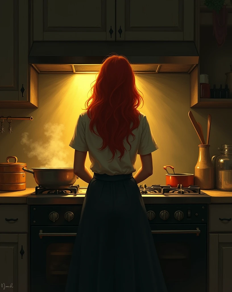Red-haired woman cooking at the stove. back view. Kitchen in dark tones. Dim yellow light. ambient. Soft light.