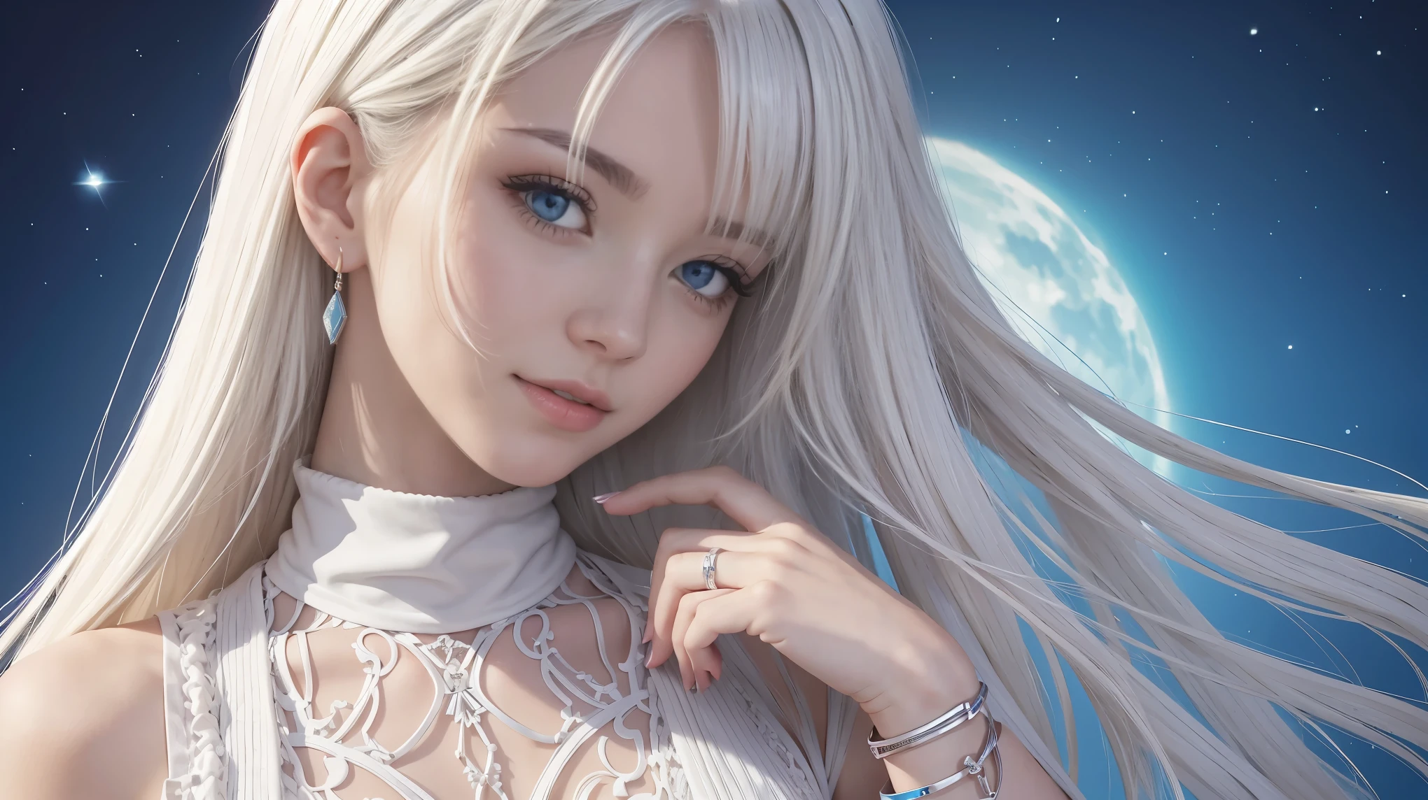 22 year old white woman、The hair color is platinum blonde、intense blue eyes、by the wide、straight hair、accessories on the wrist、I'I'm wearing a choker、The skin is soft、smile、Slim but muscular body.、my heart is beating、smile、wearing a dress with a plunging neckline、wearing red heels、I'I'm sitting in the middle of the stone steps of the old town..