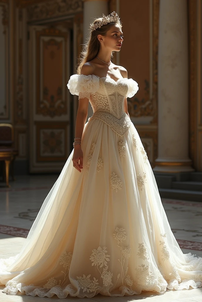 I want you to create a sketch of a dress inspired by the White Queen , with a style that mixes medieval and princess elements, suitable for a gala event. The dress will have details that refer to the theme of Alice in Wonderland, let it be simple