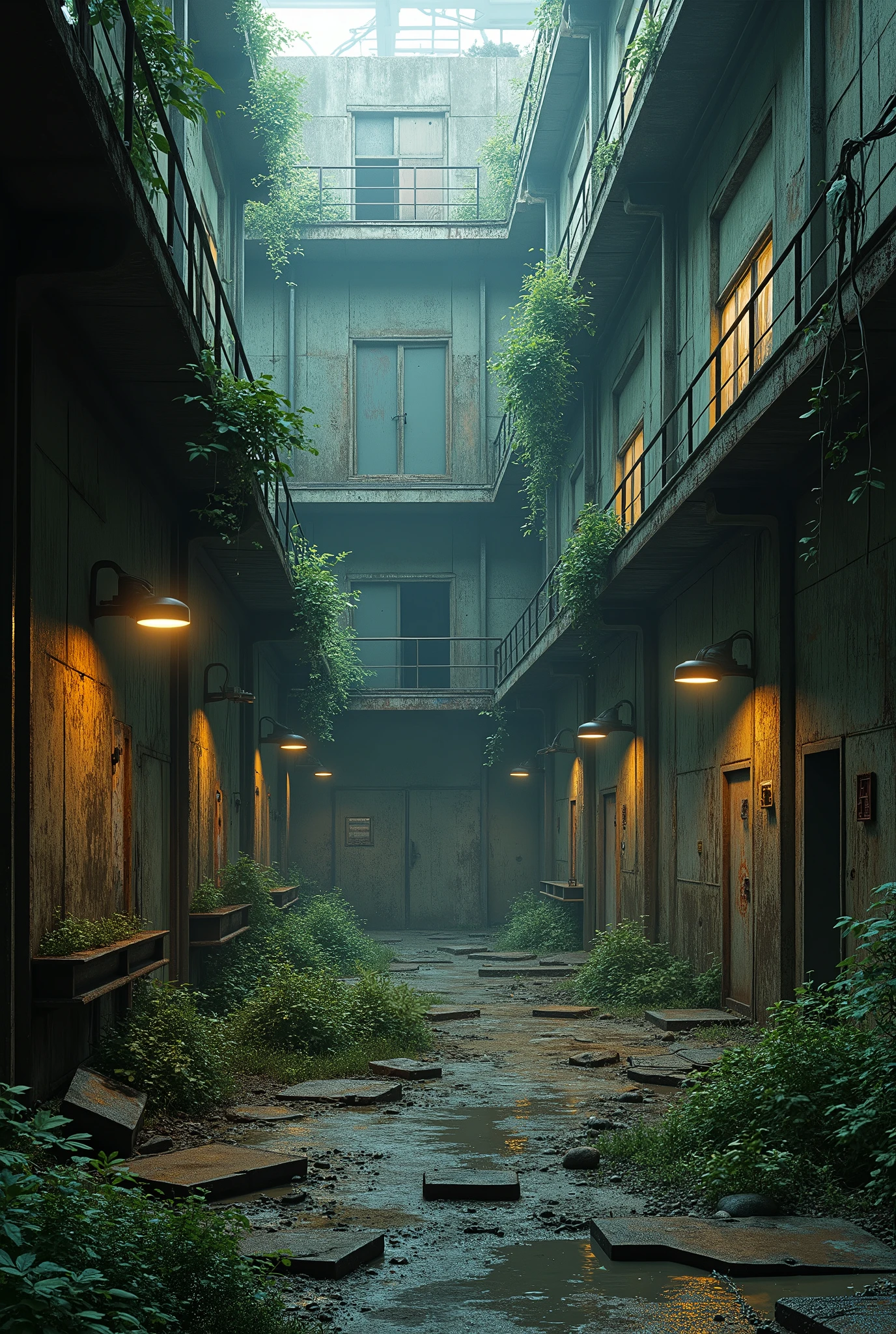 a derelict military facility, metal gear solid, psx graphics, detailed, highly detailed, intricate, cinematic lighting, moody atmosphere, dark and gritty, rusty metal textures, worn surfaces, abandoned equipment, overgrown vegetation, decaying infrastructure, high contrast lighting, dramatic shadows, muted color palette, retro video game aesthetic, nostalgic, photorealistic, 8k, masterpiece