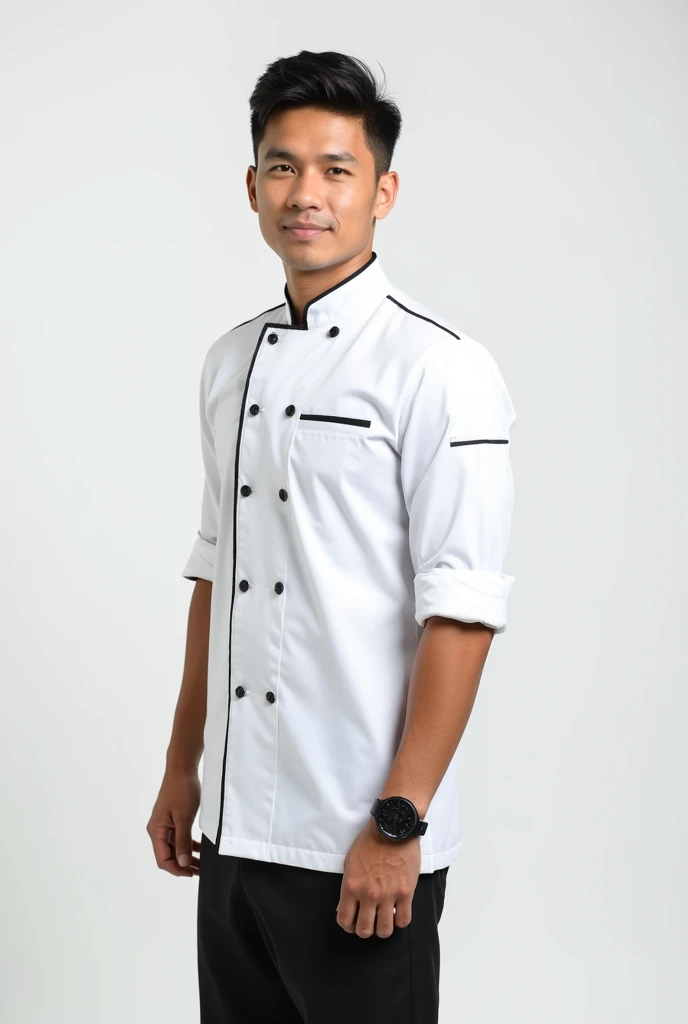 Real one Pinoy man handsome with chef outfit white . Standing white background