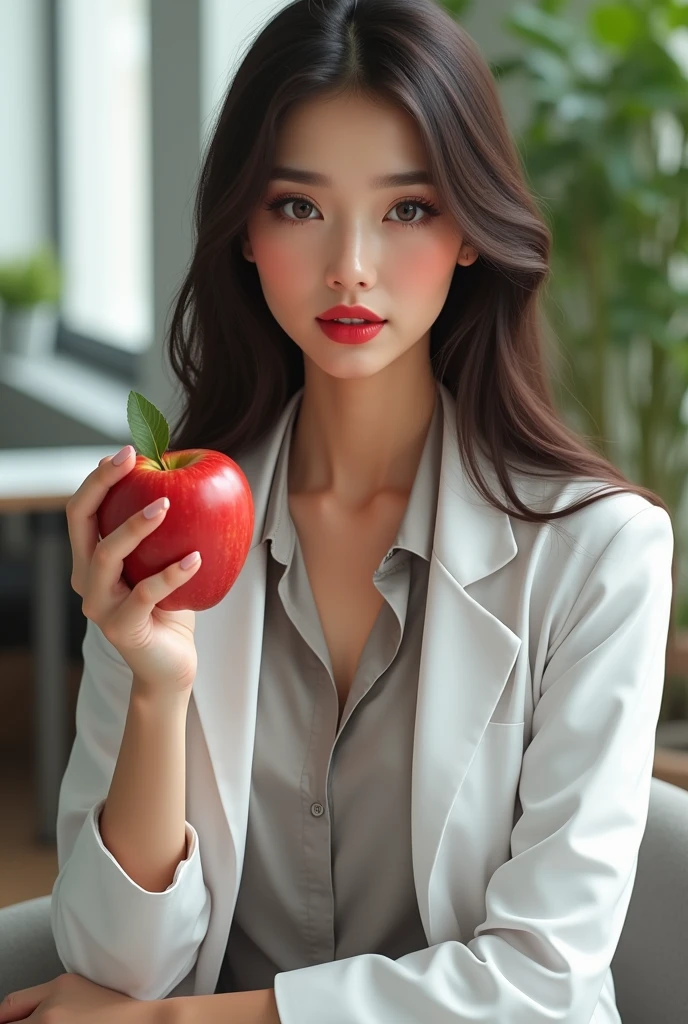 young woman, long straight hair in dark brown color, brown eyes and striking red lipstick, very fair skin and well-defined eyebrows, with the background of a Nutrition office, she is sitting on the chair and wearing a blouse with a white coat and holding an apple
