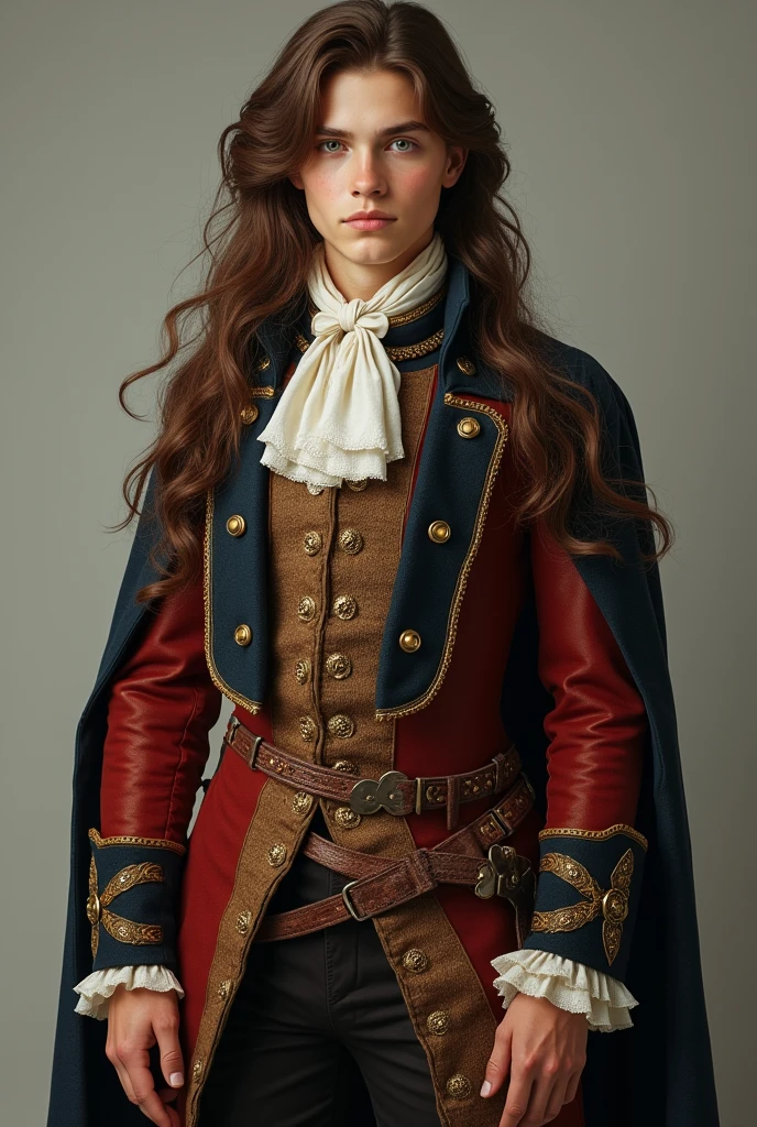 photo by full body, best qualityer, male ager with long brown hair, details Intricate, 真实感, musketeer clothes, whole body, full body,