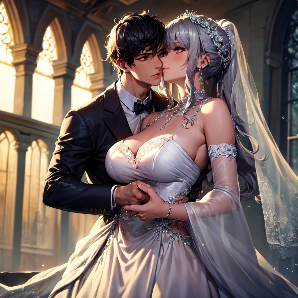 masterpiece, Best quality, masterpiece, Best quality, masterpiece, Best quality, masterpiece, Best quality, high quality, detail_skin, Beatifull_hair, detail_hair, Beatifull_hands, hands_detail, High detail, Ultra detail, HD, 4k, 4280x2240, depth field, (HDR:1.9), Correct anatomy, a masculine boy with short hair black hair abundant brown eyes with full wedding suit from groom to gentleman's suit and Palto flu pants and a girl with very long hair messy hair curly hair wavy hair (((silver hair))) high ponytail with yellow eyes in wedding dress, Dream wedding dress. love. Hand in hand looking at the New Year's sunset sunrise while kissing at church wedding with wedding rings on boy finger and wedding rings on girl finger and smiles, detail, ultra-detail, correct_position, correct_texture, correct_colors, correct_shading, correct_cgi, correct_body, correct_anatomy, correct_proportion, (correct_complete_body), source_anime,score_6_up,score_7_up,score_8_up,score_9, (Beautiful eyes), (detail_eyes), Eyesclothing cutout, veil,see-through,wide sleeves, white leotard,long sleeves,frilled sleeves,frills,bridal veil, Detailedface, artist(ReDrop), Romántica style sleve, EasyNegative_pt , beatifull_detail,