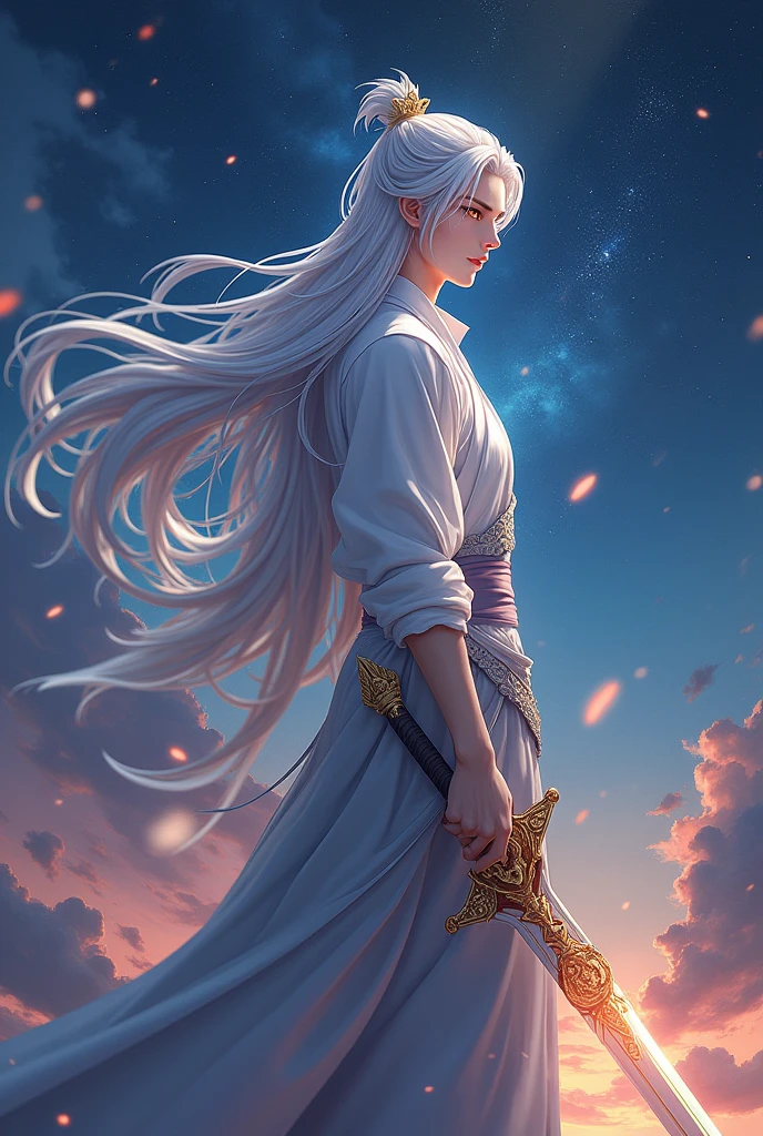 Make image for novel cover,handsome protagonist xianxia ,long silver hair and golden amber eyes,standing on boundless starry sky,far perspective picture,hold sword,endlessly aura of lonely,ultra hd, better quality