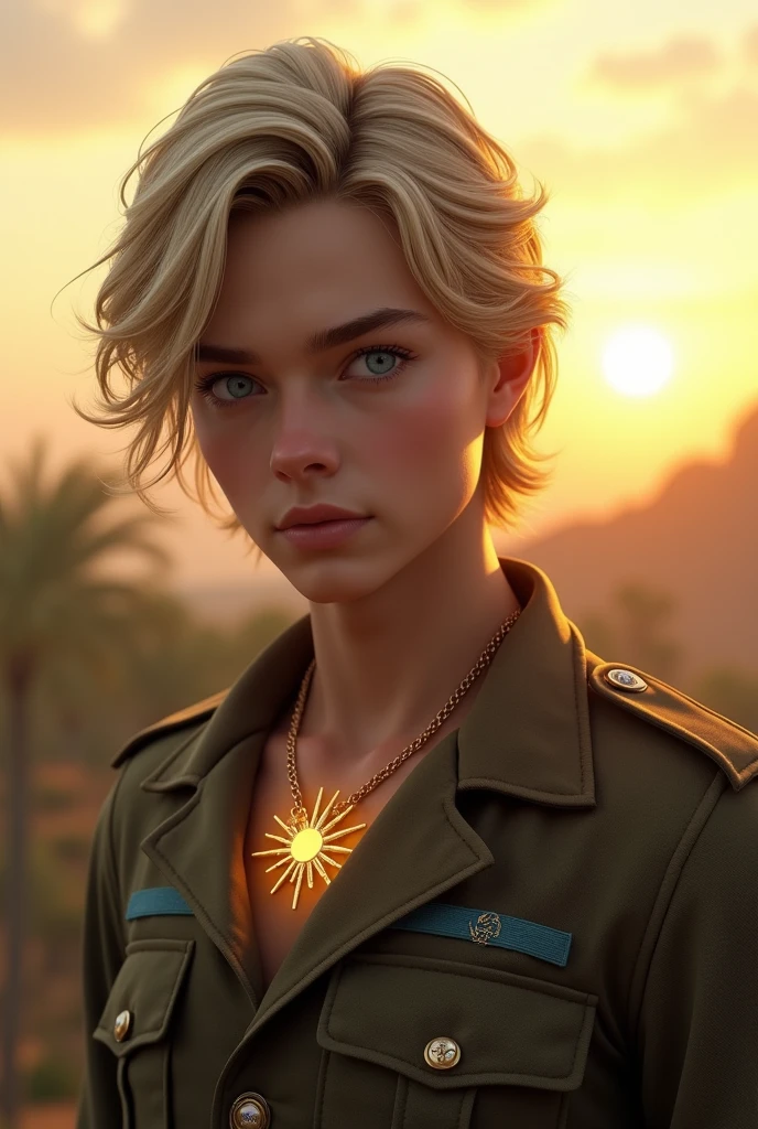 create the image of a young military man with slightly long blond hair and blue eyes with a sun necklace around his neck