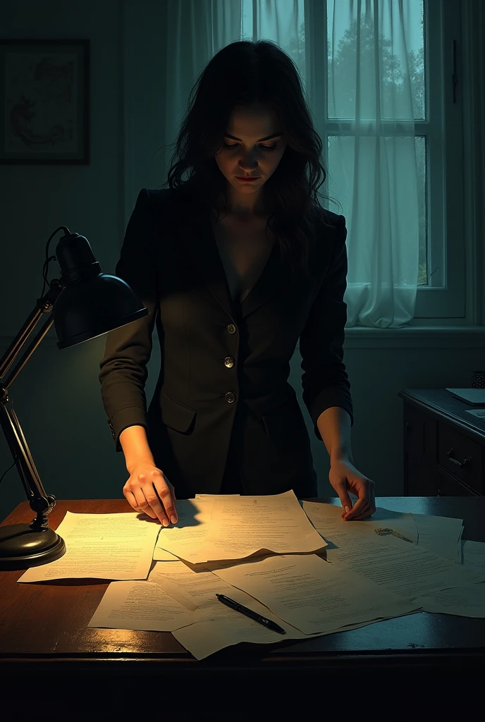 A woman looking at a scene and discovering secrets inside an office