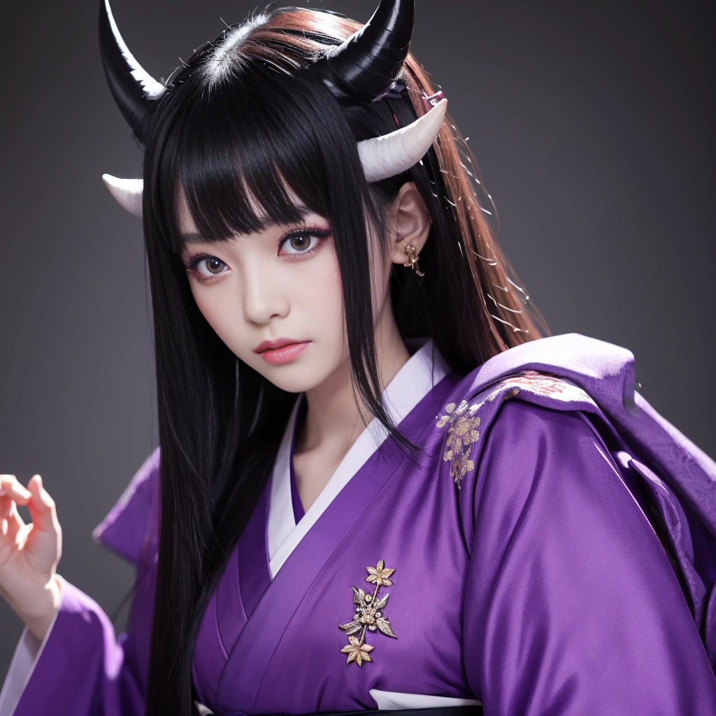 Long straight black hair, demon, kimono, purple eyes, horns