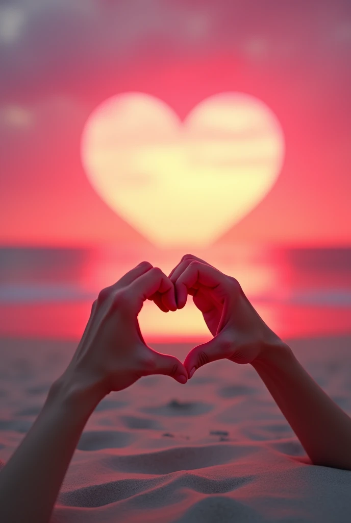 Create a pink and red heart-shaped sun, with only one hand making a heart in front of the sun on the beach, but it should be a bit rustic 