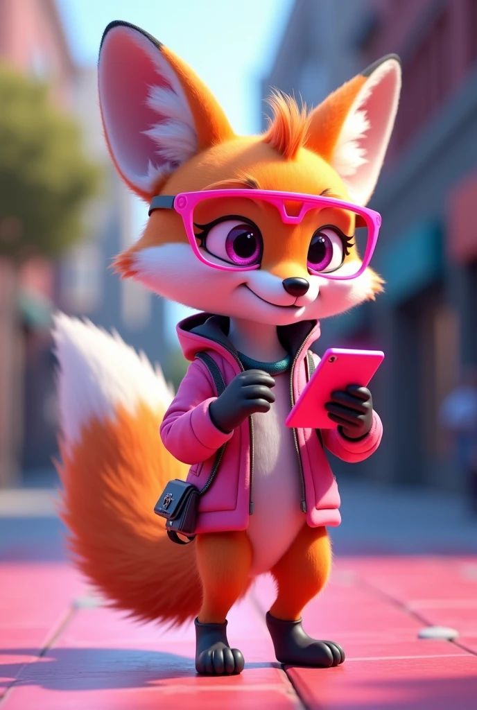 Create a 3D Disney Pixar style fox named Techie Fox. She must exude a curious personality, innovative and enthusiastic, perfect for a section dedicated to technology and gadgets.
colors: Vibrant shades of orange and white, with pink details and accessories to maintain cohesion with the other mascots.
Accessories:
futuristic glasses: Tech glasses with a modern design and pink details.
technological clothing: A stylized vest or jacket with pink accents and digital or technological patterns.
Technology Equipment: May be holding or interacting with gadgets like a tablet, smartphone or a technological device with pink details.
Expressions: Enthusiastic smile and bright eyes, with an expression of curiosity and excitement that conveys innovation and passion for technology.
Activities and Poses:
Exploring Technology: Interacting with gadgets, such as showing a tablet or smartphone with a technological interface.
Technology Tips: Pointing to a board with tips on new gadgets, technological tricks or trends.
Innovating: Perhaps demonstrating the use of a futuristic gadget or helping to set up a device.
Interactivity on the Website:
Hover animations: Animated movements like showing the screen of a gadget, blink your eyes to simulate interaction with technology, or rotate a device.
Technological Messages: Friendly messages with tips on new gadgets, applications and technological trends.