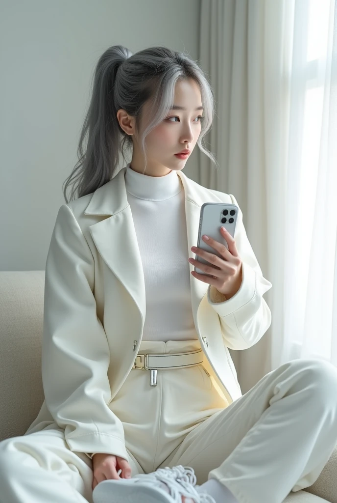 highly detailed, beautiful, hyper Realistic girl, masterpiece, best quality, Japanese sexy gravure woman, 28 years old, identity hidden, takes a selfie in her room using a smartphone in front of a mirror with one hand, fashion model Posing, sitting, looking away from the camera, /// gray arranged hair, light color eyes, Realistic skin, Detailed face, /// white-themed, futuristic-inspired casual fall outfit. The ensemble should feature a high-collared, white asymmetrical short Parker with metallic accents, paired with a sleek, form-fitting turtleneck in a soft white fabric. Combine this with high-waisted white joggers made from a lightweight, tech-inspired material. Footwear should include white, futuristic sneakers with transparent soles. Accessories might involve a slim, metallic belt and a minimalist white crossbody bag with holographic details. The overall look should blend modern functionality with futuristic elements, offering a fresh, forward-thinking take on autumn fashion, /// Monotone simple modern taste single room, mirror, complicated background