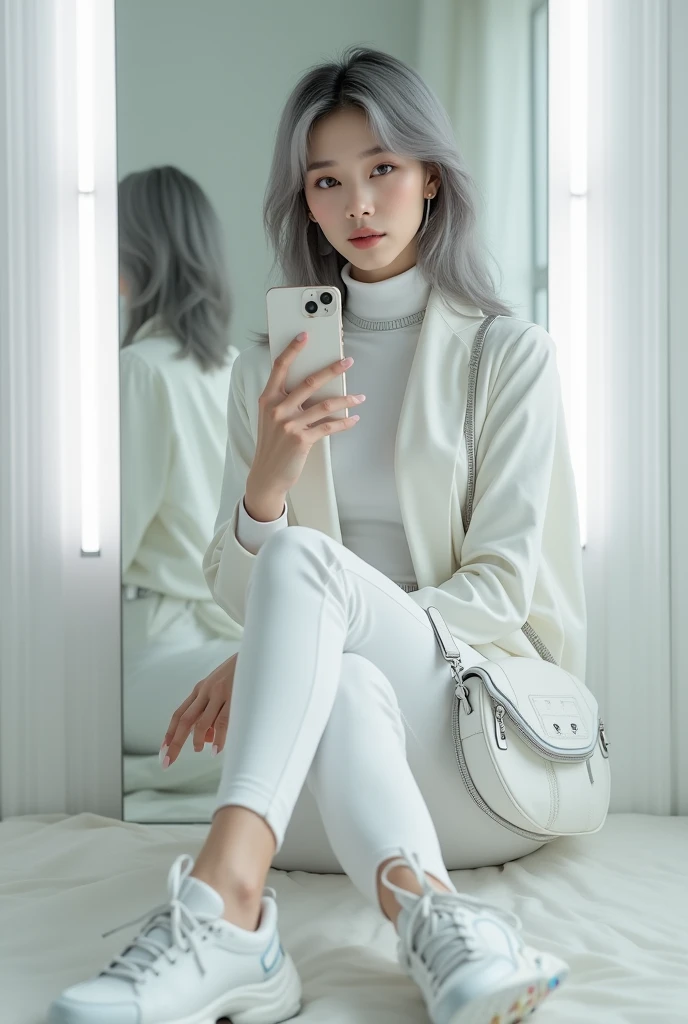 highly detailed, beautiful, hyper Realistic girl, masterpiece, best quality, Japanese sexy gravure woman, 28 years old, identity hidden, takes a selfie in her room using a smartphone in front of a mirror with one hand, fashion model Posing, sitting, looking away from the camera, /// gray arranged hair, light color eyes, Realistic skin, Detailed face, /// white-themed, futuristic-inspired casual fall outfit. The ensemble should feature a high-collared, white asymmetrical short Parker with metallic accents, paired with a sleek, form-fitting turtleneck in a soft white fabric. Combine this with high-waisted white joggers made from a lightweight, tech-inspired material. Footwear should include white, futuristic sneakers with transparent soles. Accessories might involve a slim, metallic belt and a minimalist white crossbody bag with holographic details. The overall look should blend modern functionality with futuristic elements, offering a fresh, forward-thinking take on autumn fashion, /// Monotone simple modern taste single room, mirror, complicated background