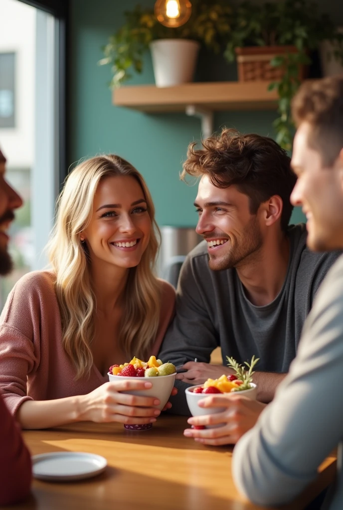 Man and realistic girlfriend , At the acai shop ,blonde hair eating acai , with friends Ultra HD, high qualiy, best qualityer, high resolution, 8k, 16K
