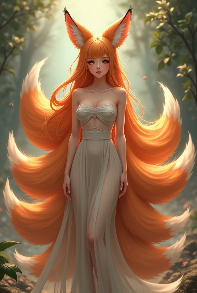 Realistic and anime human woman with 9 tails and fox ear with big breasts and orange fur with 1,50 meters tall and 50 kilos