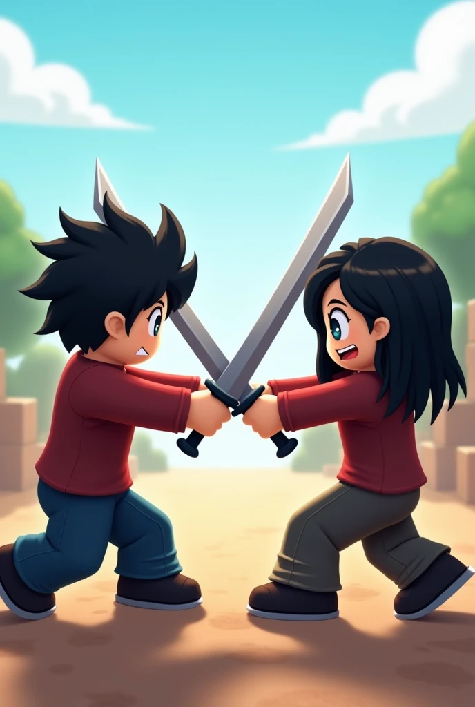 create a 512x512 pixel roblox picture of 2 black haired roblox people fighting with swords 