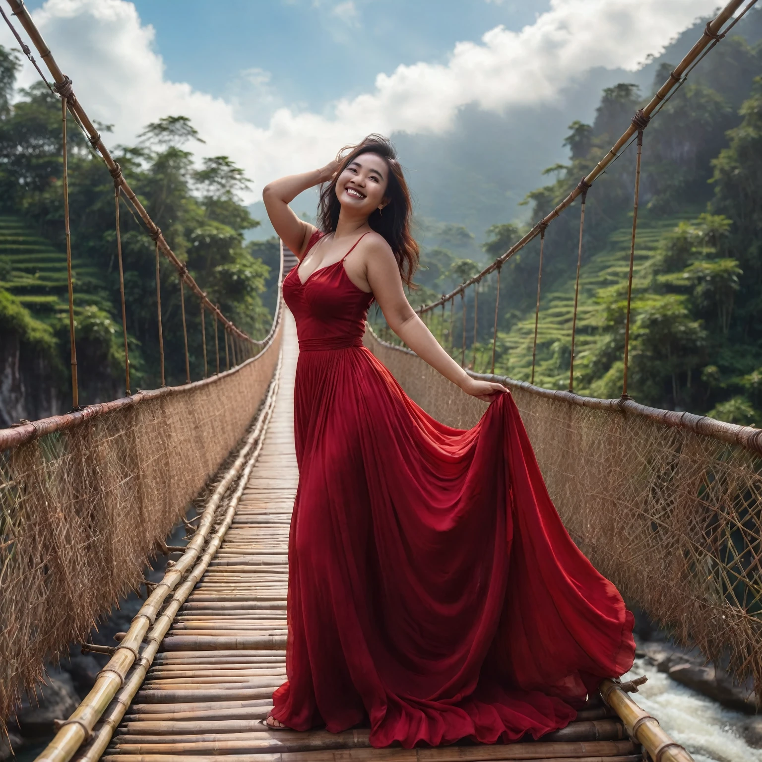 A slightly overweight Indonesian woman in a red long dress poses on a bamboo suspension bridge, She is happy, smile, Stylish and dynamic pose, Natural Beauty, Natural Makeup, Beautiful natural scenery, Enchanting blue sky, Lens flare, Shot on Sony Alpha α7CR full frame, Realistic, UHD 1536 pixels, High quality photos.