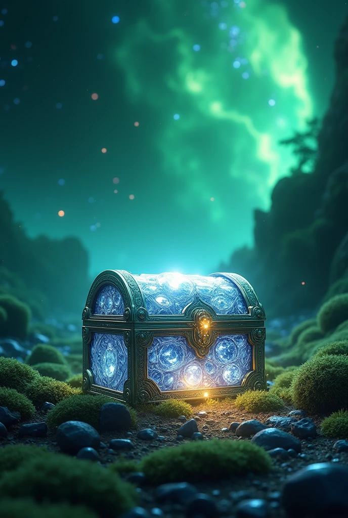 Create an image of a diamond chest With a very green background of galaxies 
