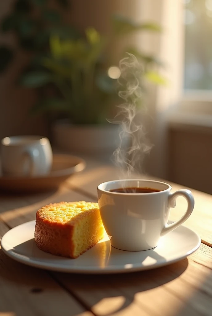 breakfast with cornmeal cake and white cup of coffee, cinematic lighting, Eye-Level Shot, 1080P