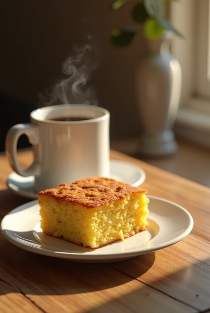 breakfast with cornmeal cake and white cup of coffee, cinematic lighting, Eye-Level Shot, 1080P