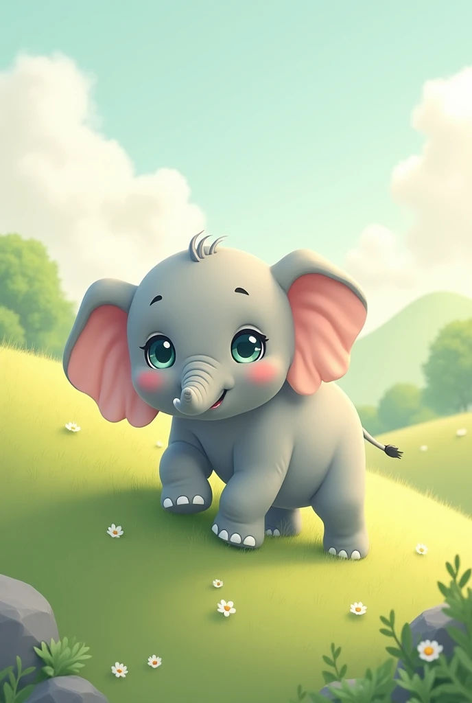 2d, Simple and cute, with gentle colors like a picture book , 8k, Highest quality,cute,Big anime eyes,小さなhillを登ろうとして滑り落ちていくelephant。(image: elephant, hill, challenge)