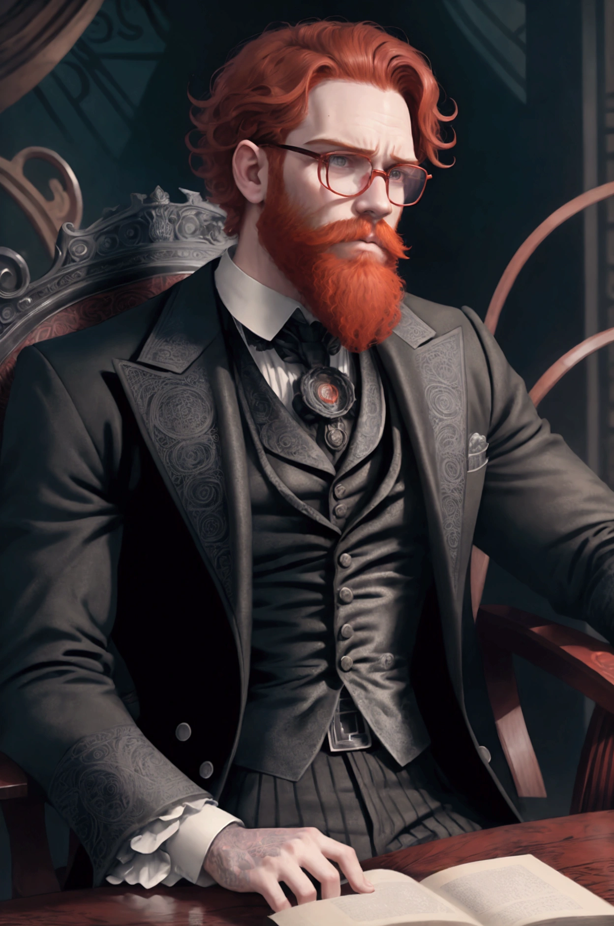 Young, handsome man, 26 years, Ginger, short curly hair, thick red beard, frowning, thoughtful look, looking away, sitting in a chair and holding a book. Dark eyes, wearing glasses with round frames. Broad-shouldered, thin, high. victorian era, dark