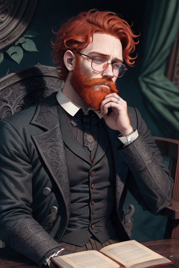 Young, handsome man, 26 years, Ginger, short curly hair, thick red beard, frowning, thoughtful look, looking away, sitting in a chair and holding a book. Dark eyes, wearing glasses with round frames. Broad-shouldered, thin, high. victorian era, dark