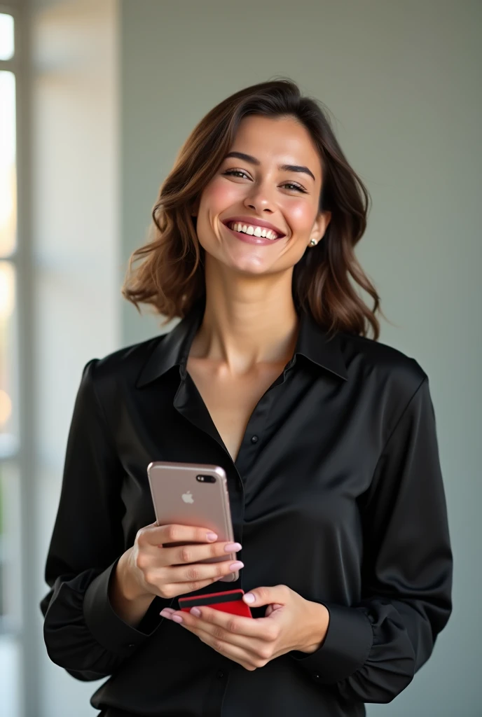 happy woman in black blouse with cell phone and credit card in hand