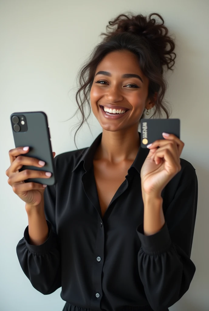 happy woman in black blouse with cell phone and credit card in hand