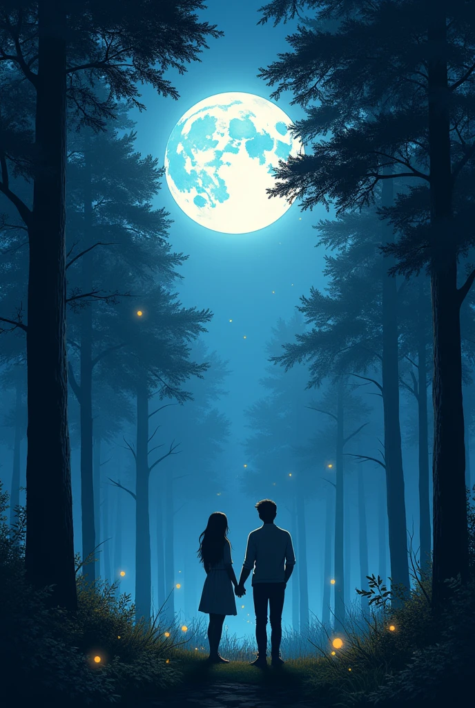 Couple looking at the moon in the forest
