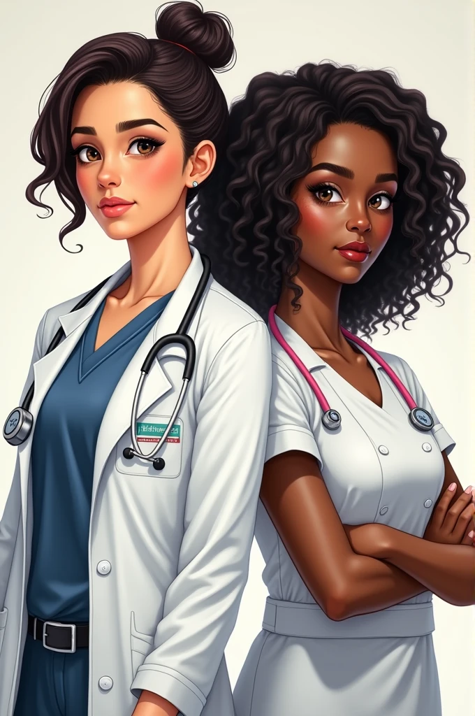 Gaby light skin, high, Dark brown hair, doctor and Marlen brown skin, low, Vorgonia hair, chef