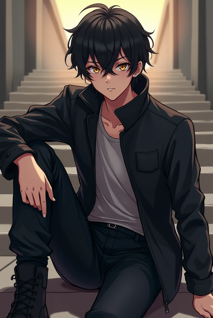 Anime boy with slightly curly black hair, Brown eyes, dressed in a black jacket, black pants and black boots