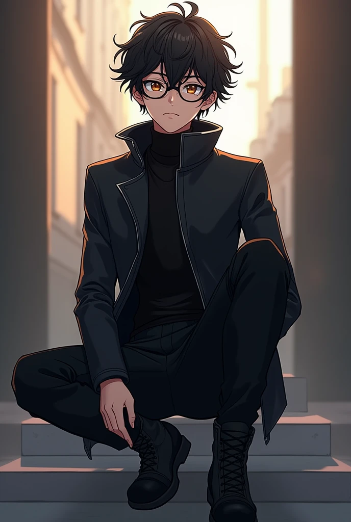Anime boy with slightly curly black hair, Brown eyes, dressed in a black jacket, black pants and black boots