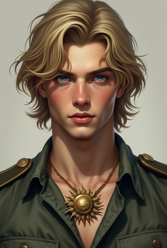 create a realistic image of a young military man with slightly long blond hair and blue eyes with a sun necklace around his neck