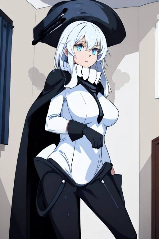 wo-class aircraft carrier, hat, gloves, breasts, hair, 1girl, white hair, solo, white skin, black gloves, bodysuit, blue eyes, black cape, cloak, leather pants, room, Masterpiece, Best Quality, standing