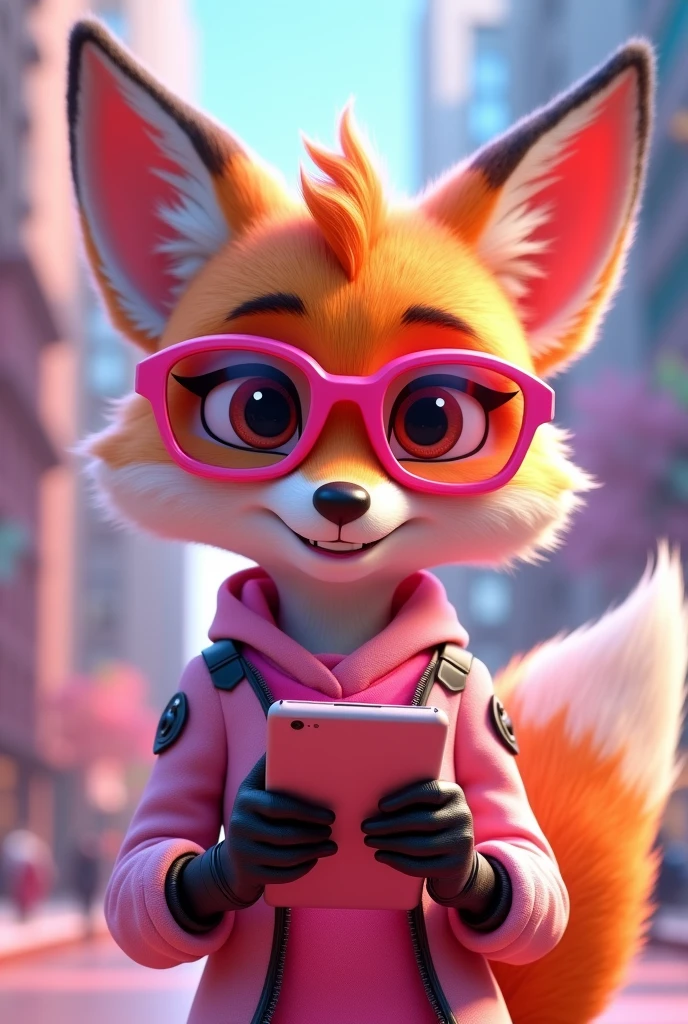 Create a 3D Disney Pixar style fox named Techie Fox. She must exude a curious personality, innovative and enthusiastic, perfect for a section dedicated to technology and gadgets.
colors: Vibrant shades of orange and white, with pink details and accessories to maintain cohesion with the other mascots.
Accessories:
futuristic glasses: Tech glasses with a modern design and pink details.
technological clothing: A stylized vest or jacket with pink accents and digital or technological patterns.
Technology Equipment: May be holding or interacting with gadgets like a tablet, smartphone or a technological device with pink details.
Expressions: Enthusiastic smile and bright eyes, with an expression of curiosity and excitement that conveys innovation and passion for technology.
Activities and Poses:
Exploring Technology: Interacting with gadgets, such as showing a tablet or smartphone with a technological interface.
Technology Tips: Pointing to a board with tips on new gadgets, technological tricks or trends.
Innovating: Perhaps demonstrating the use of a futuristic gadget or helping to set up a device.
Interactivity on the Website:
Hover animations: Animated movements like showing the screen of a gadget, blink your eyes to simulate interaction with technology, or rotate a device.
Technological Messages: Friendly messages with tips on new gadgets, applications and technological trends.