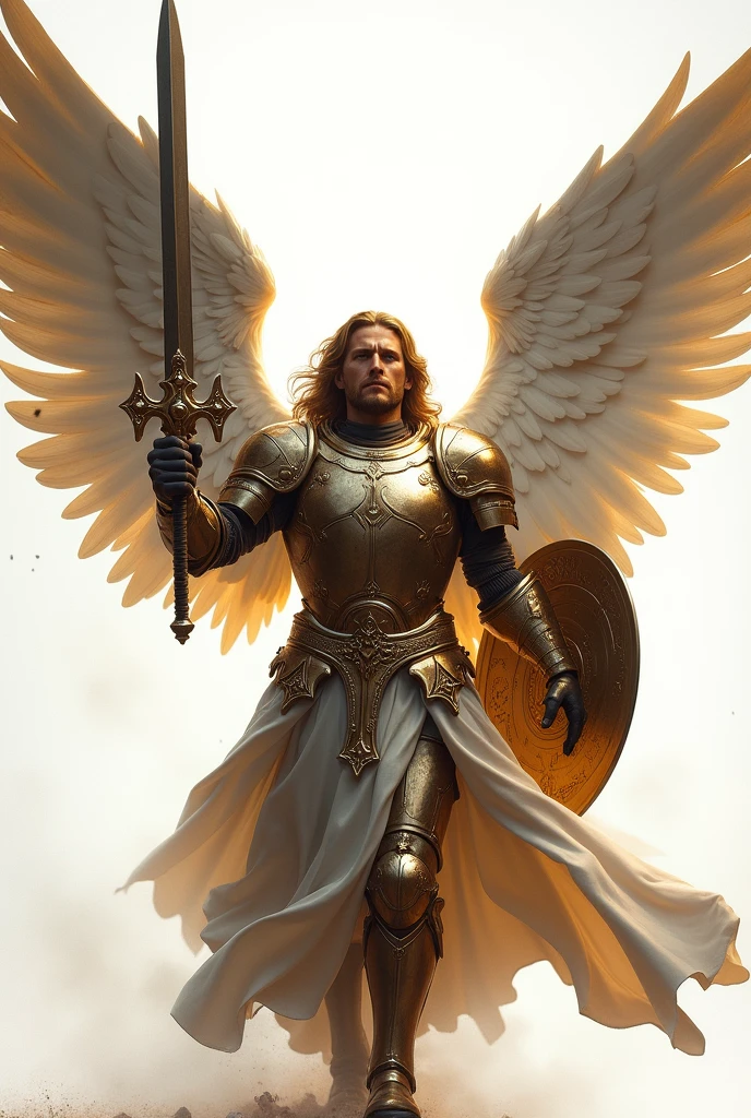 Create an art of Saint Michael the Archangel flying in battle pose on white background