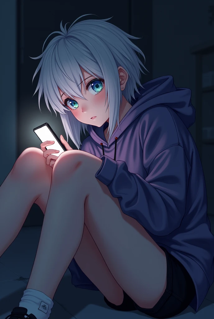 anime style, young adult woman, with Heterochromia in the eyes(one blue and one green), short white hair.
lying down, watching on cell phone.
He is wearing black shorts, an oversized purple hoodie and black tennis shoes.
It&#39;s in a dark room.