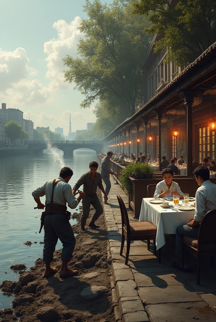 On the banks of the city river, There are simple people working in the mud, and while in the background people are working, There is a luxury restaurant with a family having dinner.