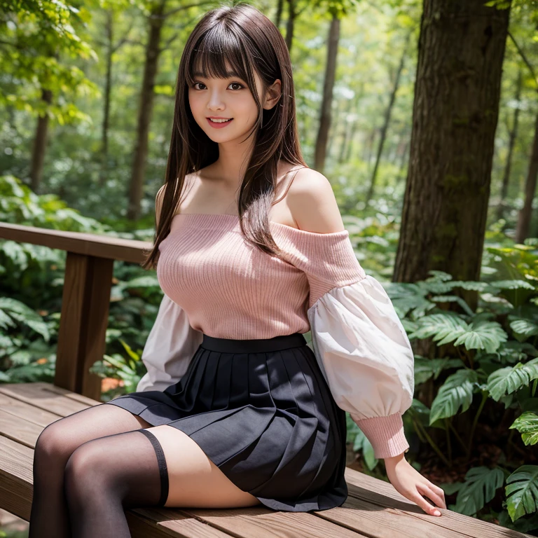 long skirt,skirt,Wearing a pink pleated skirt, Wear black stockings,(knee shot), 1 female, On the face, laughing out loud, light brown hair, blunt bangs, hair behind ears, Shoulder-length hair, long hair, Slender body type, 超face slimming型, face slimming, delicate lips, beautiful eyes, Thin blush, Eyes are light brown,View here, (actual:1.3), Coniferous forest, One person's perspective, 8k, on the table, , Super detailed, high quality, best quality, High resolution, ,Large ,H Cup, Off-shoulder tops,21 years old