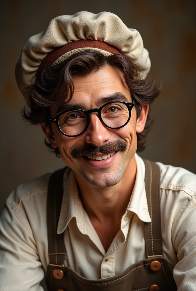A drawing of an 1800's Italian baker with a mustache, baker's hat, Simple, happy, that gives confidence and smiles with the eyes, kind and sincere smile, He cares about people and is very empathetic and with traditional Italian beauty, brown and wavy hair, Wear very nice glasses. Make it as real as possible and have a more natural expression.