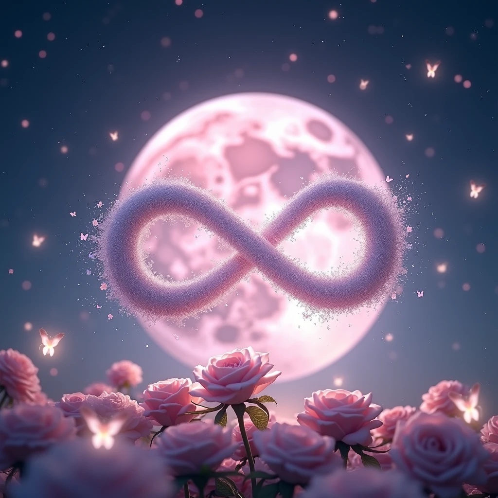 High resolution, masterpiece, Highest quality, High detail, Infinity、symbol、Infinity Mark、きらきらの粒子でできている輝くInfinity Mark、mysterious、大きなPale pinkの月の背景、Sparkle、Night Sky、Wide angle,
Night Skyに煌めくstarの中に輝くInfinity Mark、Behind the mark is a big pink moon、star、star空の下には薔薇、Pale pink、Light color、Glowing Butterfly,Fairy powder、heart、Twin Ray、Expressions of love、forever、sacred、rose garden、starの輝きで出来たInfinity Mark