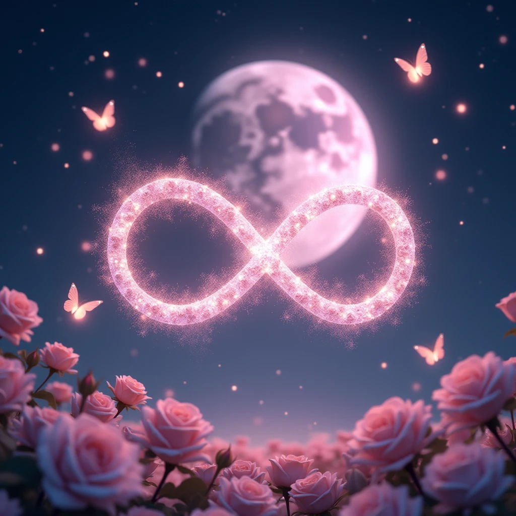 High resolution, masterpiece, Highest quality, High detail, Infinity、symbol、Infinity Mark、きらきらの粒子でできている輝くInfinity Mark、mysterious、大きなPale pinkの月の背景、Sparkle、Night Sky、Wide angle,
Night Skyに煌めくstarの中に輝くInfinity Mark、Behind the mark is a big pink moon、star、star空の下には薔薇、Pale pink、Light color、Glowing Butterfly,Fairy powder、heart、Twin Ray、Expressions of love、forever、sacred、rose garden、starの輝きで出来たInfinity Mark