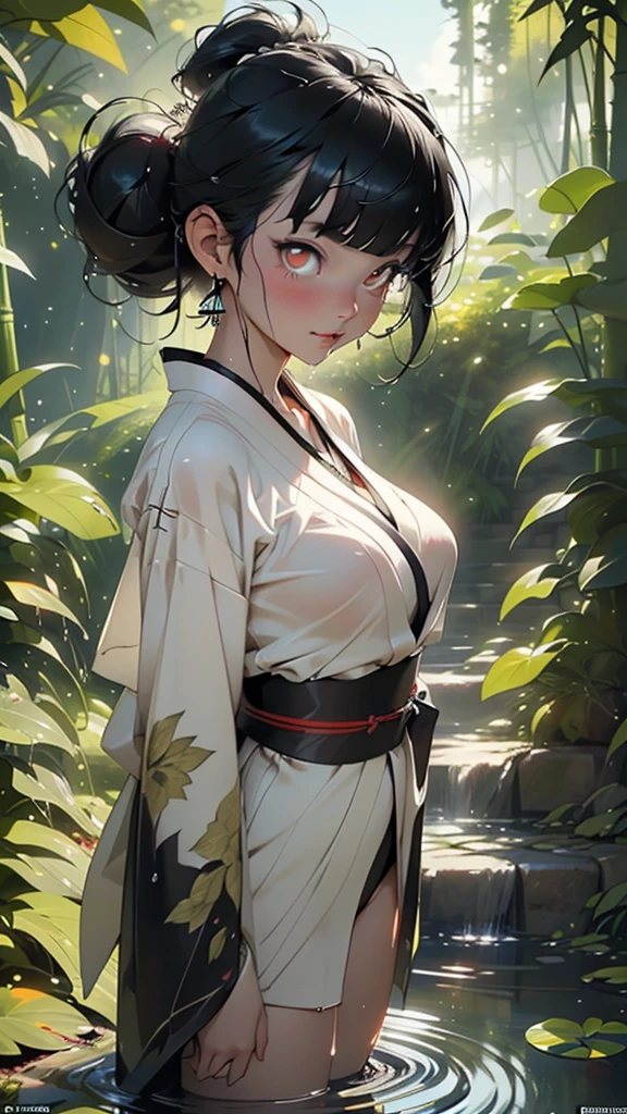 japan girl from ancient Japan,1girl,

(large breasts:1.4),((((hair tied back and bangs hanging,black hair,colored inner hair)))),(((red_eyes:1.3))),intricate eyes,beautiful detailed eyes,symmetrical eyes,(deep red eyes), (glowing eyes:1), 
insane void, glowing eyes, horror \(theme\:1.2),((((lustrous skin:1.5,tanned skin,bright skin: 1.5,skin tanned,shiny skin,very shiny skin,shiny body,Reflective skin)))),(spider lower abdomen,narrow waist,wide hip,athletic body,inflated legs,thick thighs,(detailed face)),beautiful detailed lips,

cute,slutty,sensual,seductive look,seductive,((erotic)),opulent,sumptuous,((nsfw)),

((black kimono and Japanese warrior armor:1.2)),(kimono,half-naked kimono:1.5),(White headband:1),(Cross necklace:1.5),(((wet clothes))),

(flirtatious pose:1.3), looking at viewer,embarrassed,centered,scale to fit dimensions,Rule of thirds,

outdoors,(waterfall,bamboo,river,bamboo forest,japanese temple,red lanterns burning,temple in the forest,mossy stairway in the temple,dilapidated temple,bamboo sanctuary,),scenery,extremely scenery,(puddles everywhere,moss,moss on the background),clouds,lily pads,(sunset, golden hour),

(Glossy Egyptian ornaments),highres,sharp focus,(ultra detailed,extremely detailed),(photorealistic artwork:1.37),(extremely detailed CG unity 8k wallpaper),(((vibrant colors,vibrant theme))),(intricate),(masterpiece),(best quality),artistic photography,(photography taken by sldr),(intricate background),perfect rendered face,perfect face details,realistic face,photo realistic,((intricate detail)),(((realism))),
