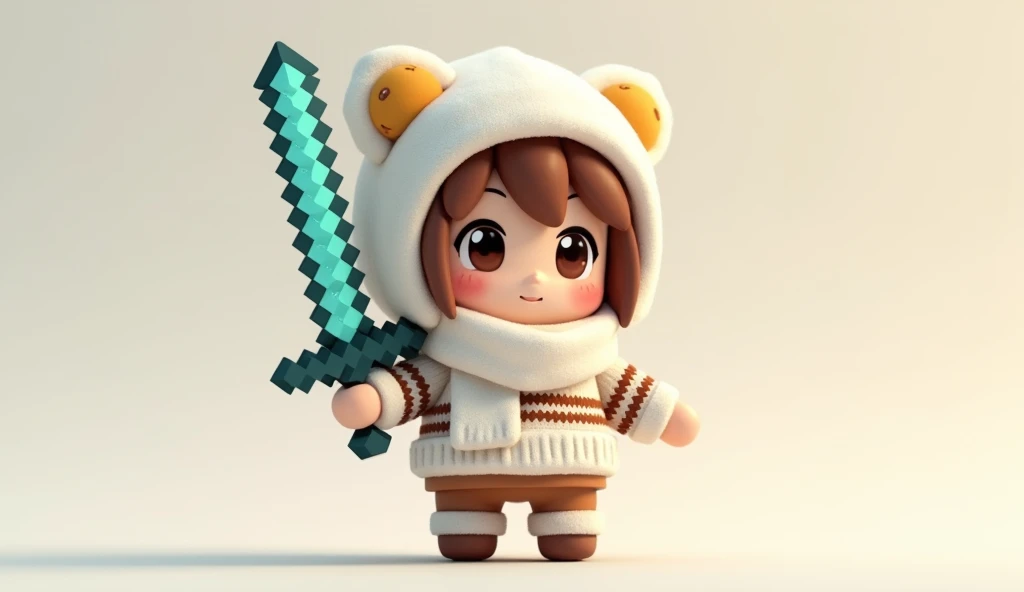 The chibi anime character is wearing a white scarf.、Wearing a white and brown sweater、I&#39;m using a diamond sword from Minecraft。