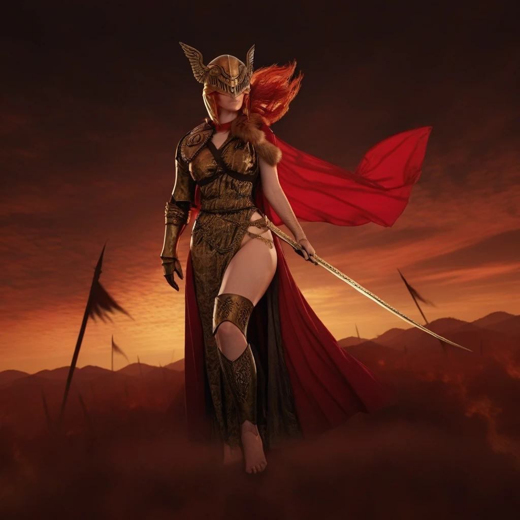 a woman with red hair, winged helmet, sword, red cape, thick thighs,