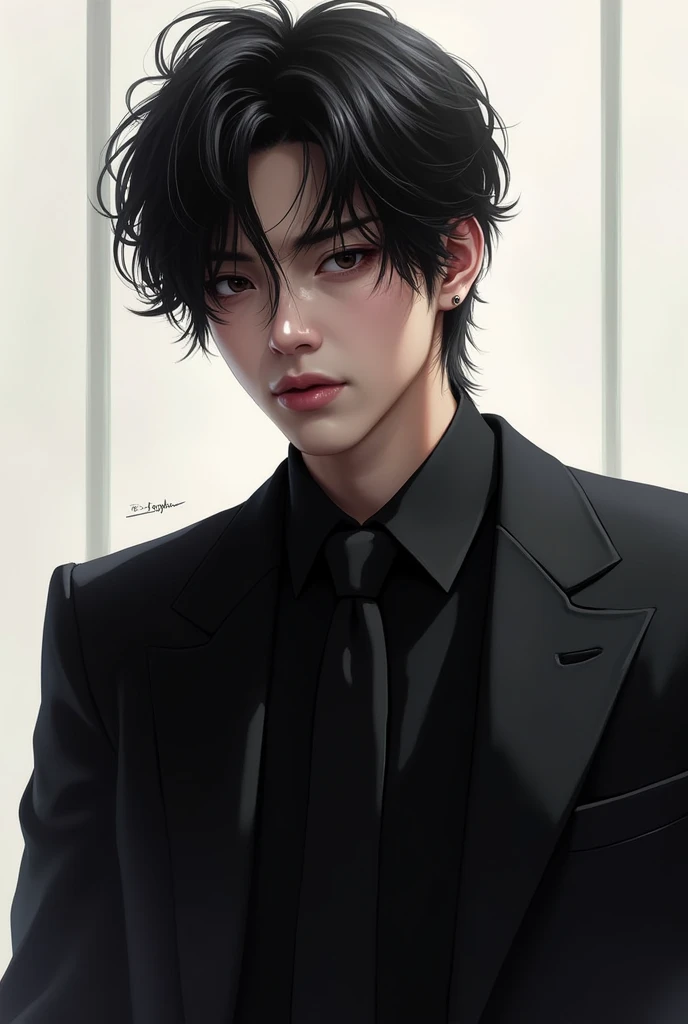 You can create a realistic illustration of BTS's Jungkook using black sole with a rocker style and serious face