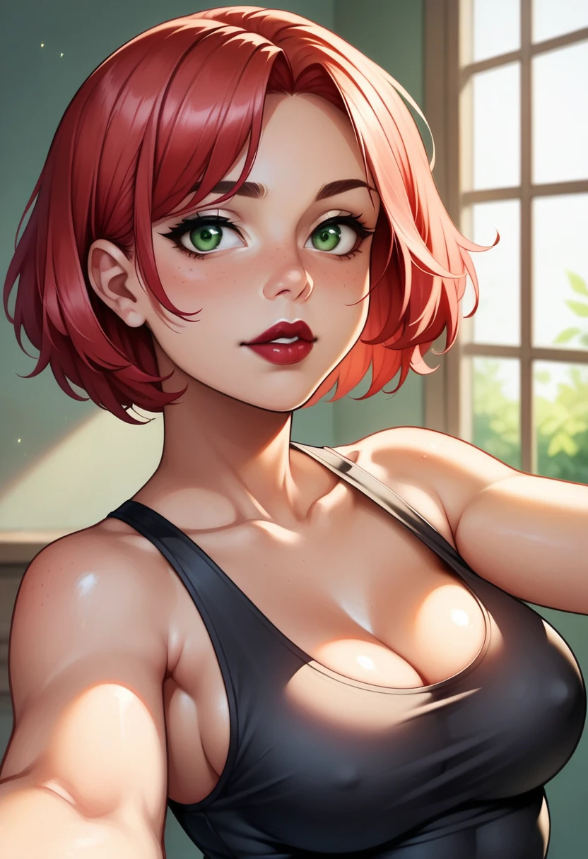 (high-level image quality), (high quality), (high resolution), (detailed), (masterpiece), beautiful woman, ((caucasian)), green eyes, red hair, short hair, dark red lipstick, slender body, perfect eyes, Detailed face, selfie side view, black short, black top