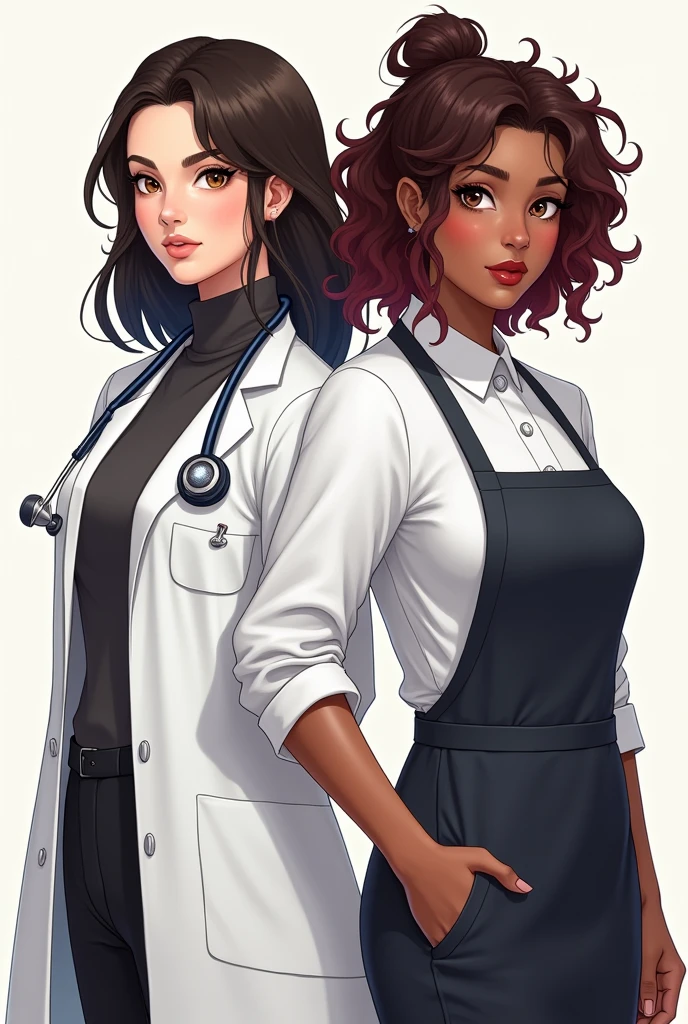 Gaby light skin, high, Dark brown hair, doctor and Marlen brown skin, low, Vorgonia hair, chef