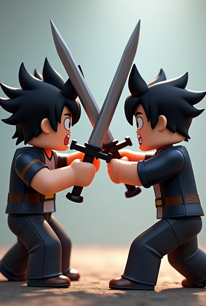 create a 512x512 pixel roblox picture of 2 black haired male roblox people holding swords fighting