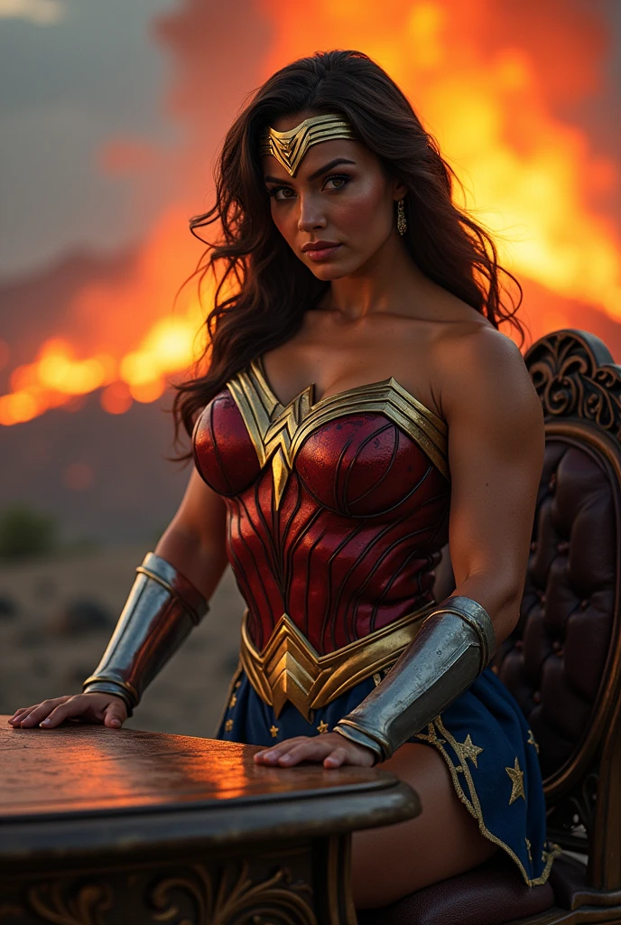 There is a beautiful Wonder Woman in a bright red and blue suit like gold and silver, Wide angle shot, Best Quality, sweat details on the skin, sitting at a 19th century wooden table, in the background a volcano.